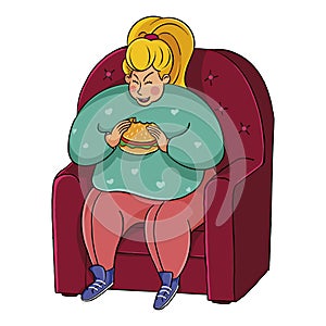 Fat girl eating a burger on a chair. fattened woman eating junk food.